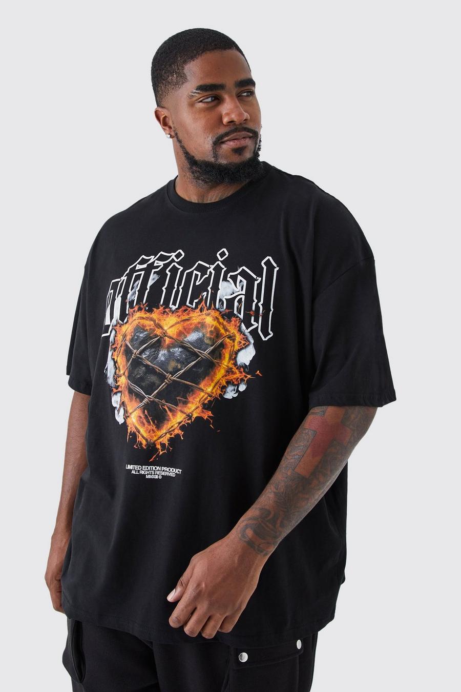 Black Plus Oversized Official Flame Hearts Print T-shirt image number 1