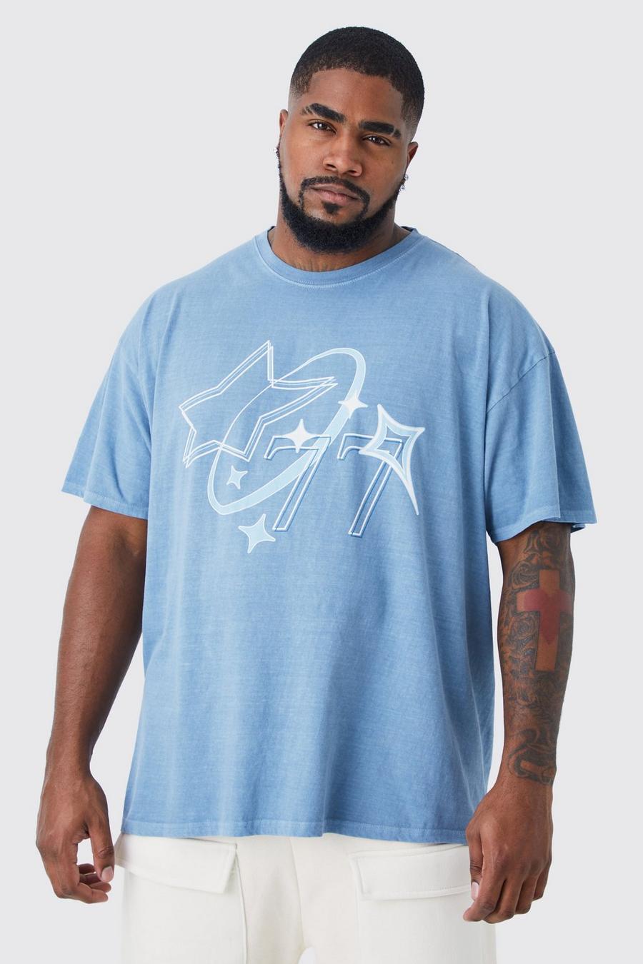 T-shirt Plus Size sovratinta con grafica di stelle, Washed blue azzurro