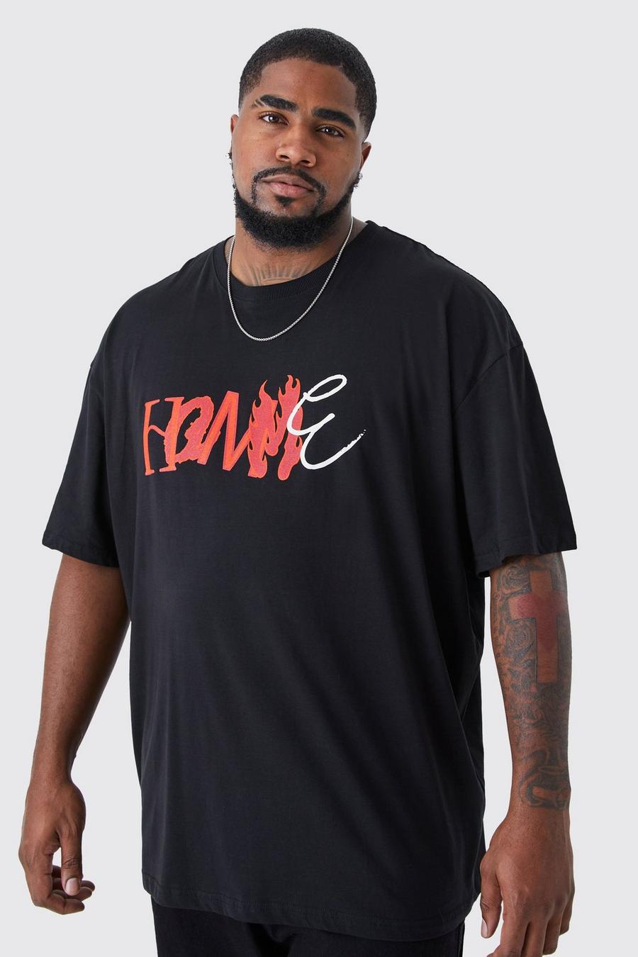 Black Plus Oversized Homme T-Shirt Met Print En Brede Nek