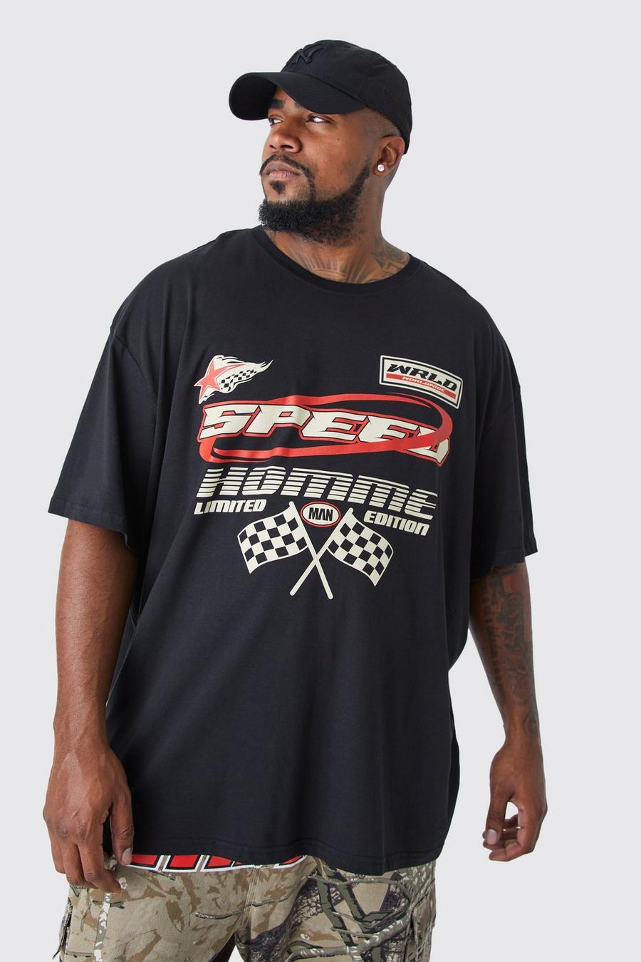 Black Plus Oversized Moto Racing T-Shirt Met Print