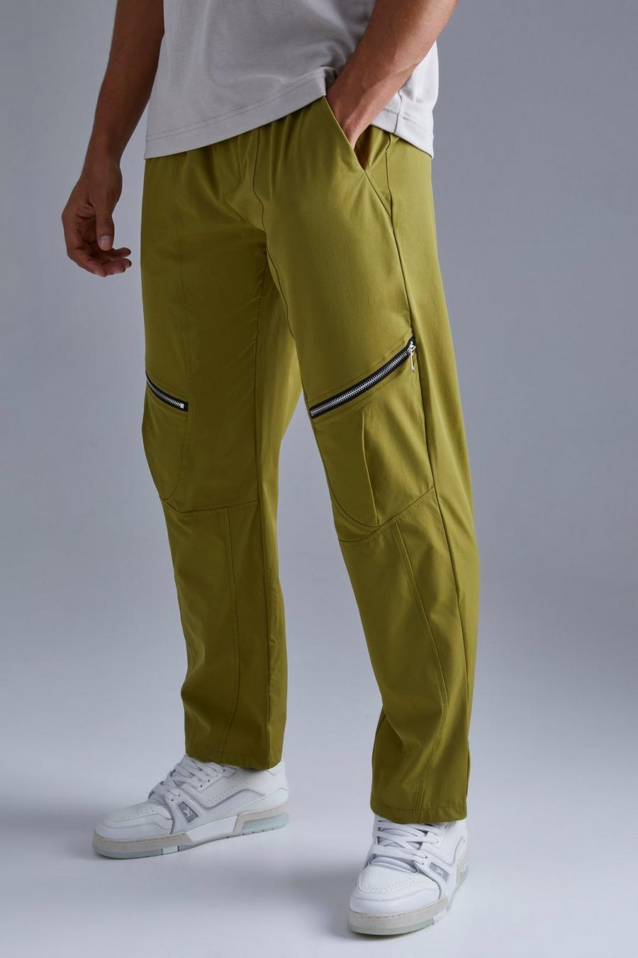 Pantalón recto con cintura elástica y panel técnico, Khaki image number 1