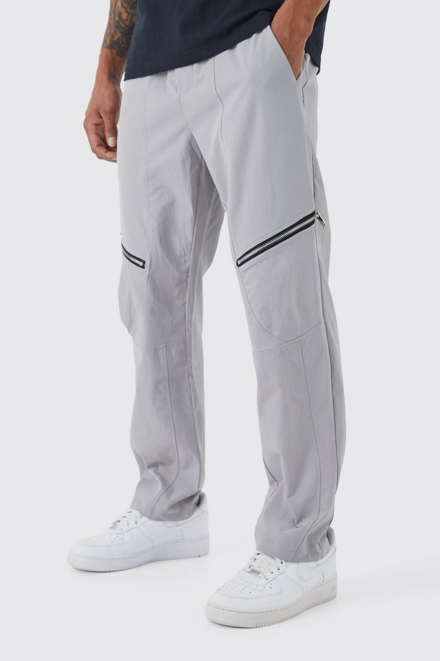 Pantalón recto con cintura elástica y panel técnico, Grey image number 1