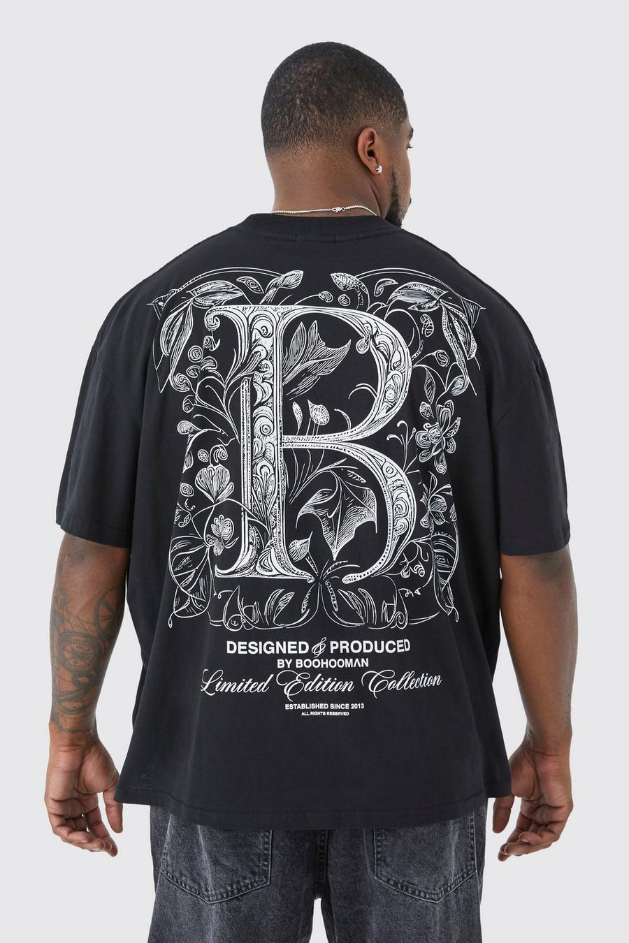 Camiseta Plus oversize con estampado B de flores góticas, Black