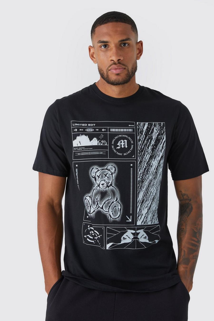Black Tall Oversized Teddy Multi Graphic T-shirt