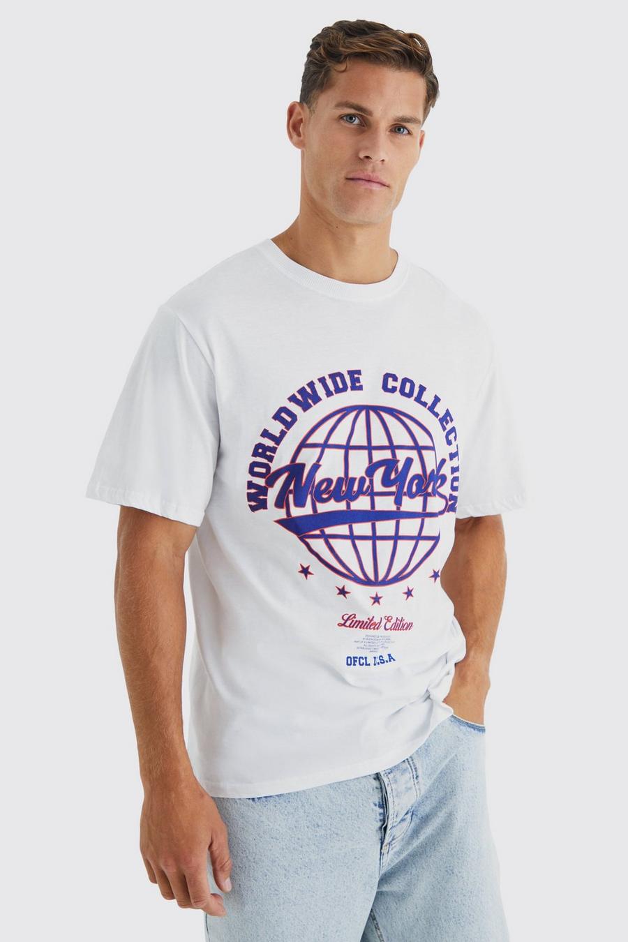 T-shirt Tall oversize New York Collection stile Varsity, White blanco