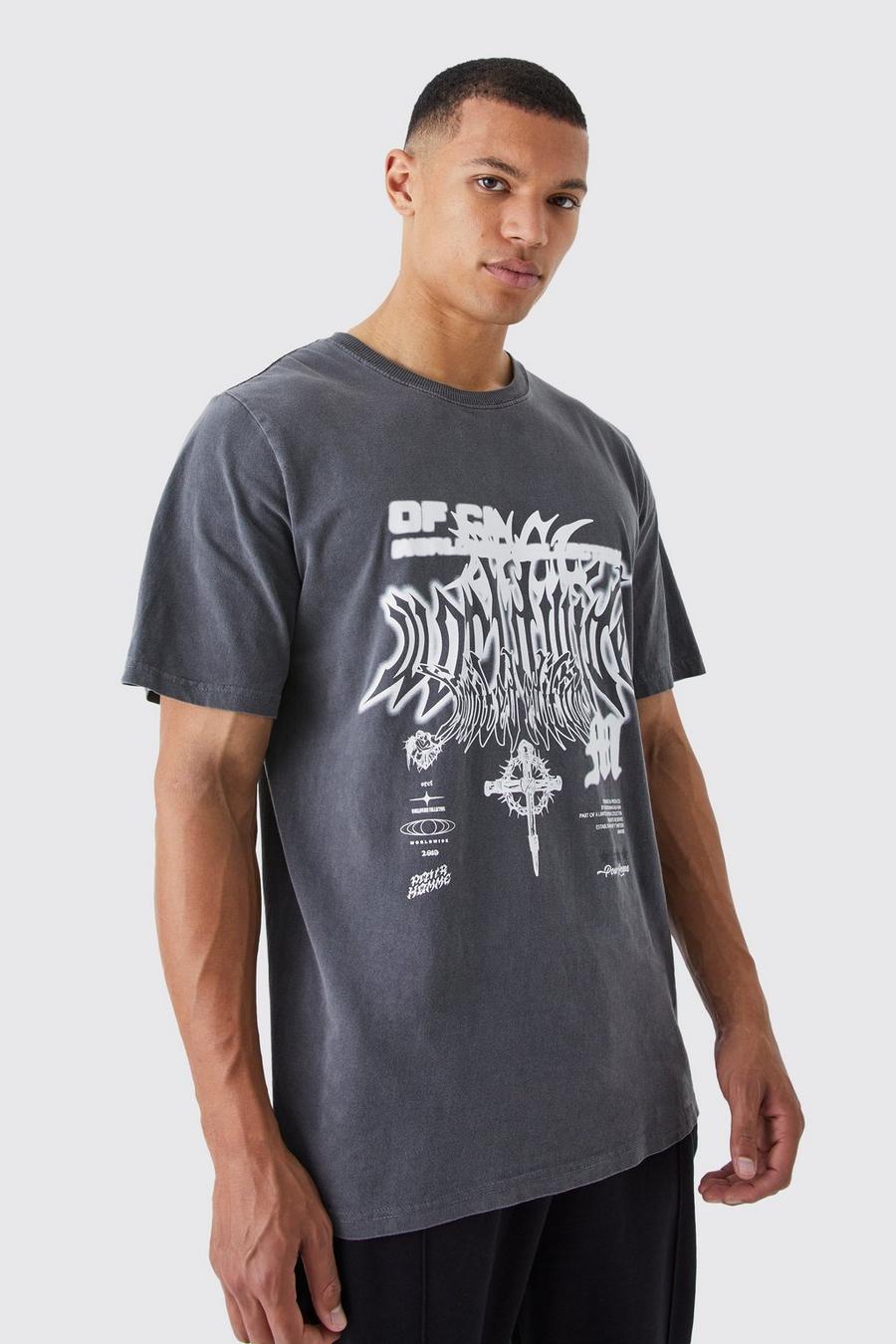 Charcoal grey Tall Oversized Overdyed Gothic Graphic T-shirt