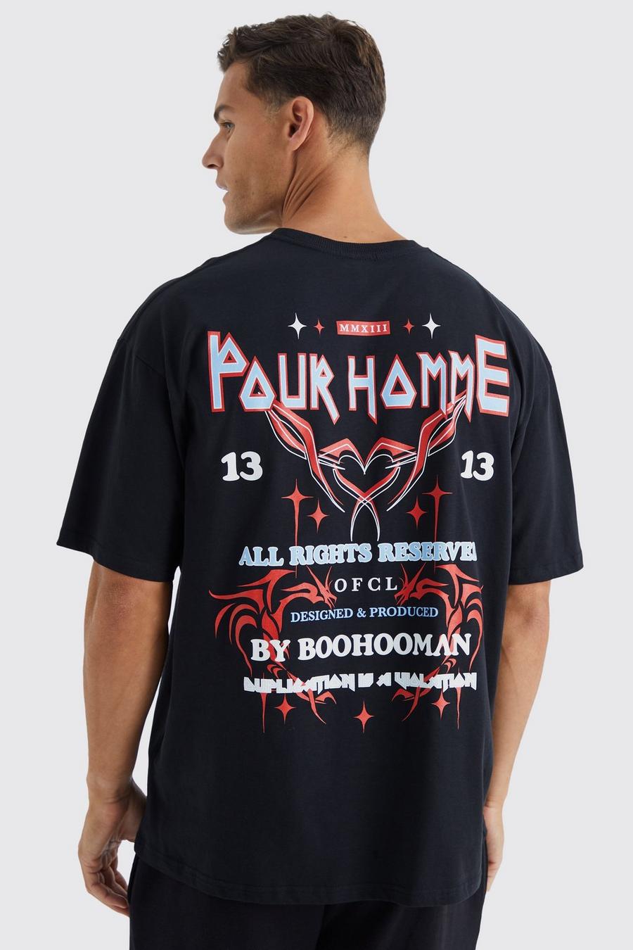 Camiseta Tall oversize con estampado gráfico Pour Homme en la espalda, Black image number 1