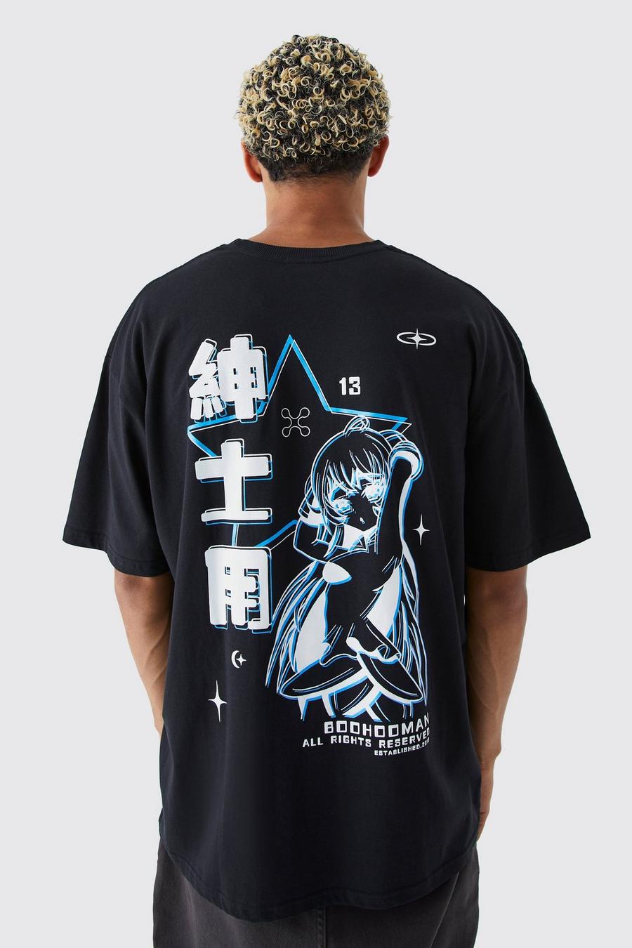 Black Tall Oversized Anime Back Print T-shirt image number 1