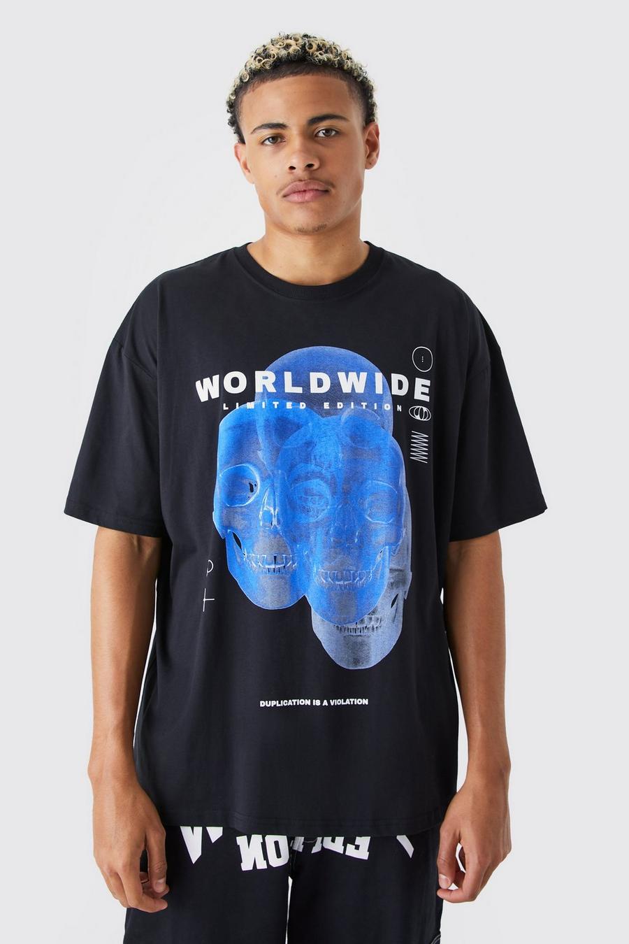 Black Tall Oversized Worldwide Skull Print T-shirt