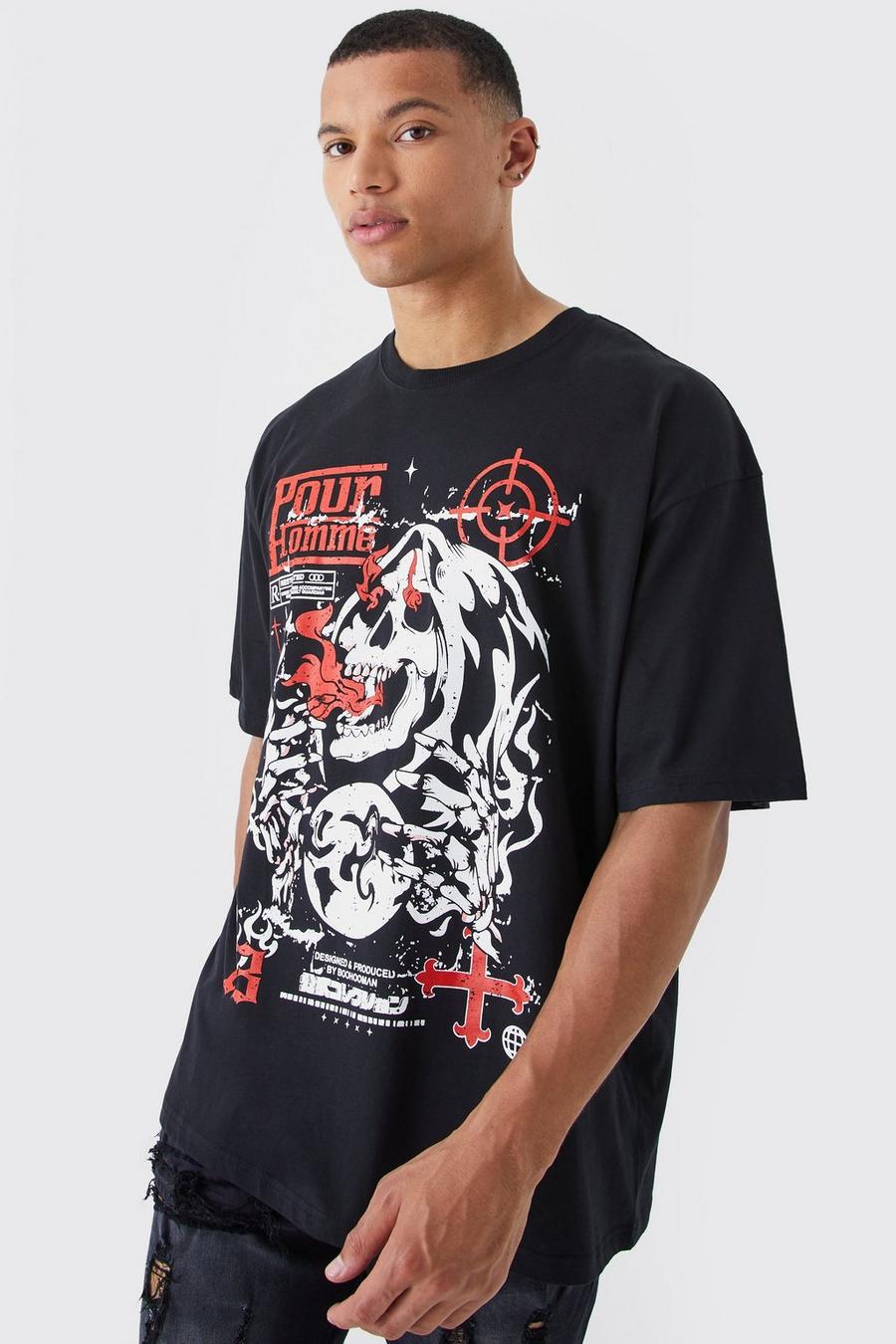 Black Tall Oversized Grim Reeper Graphic T-shirt