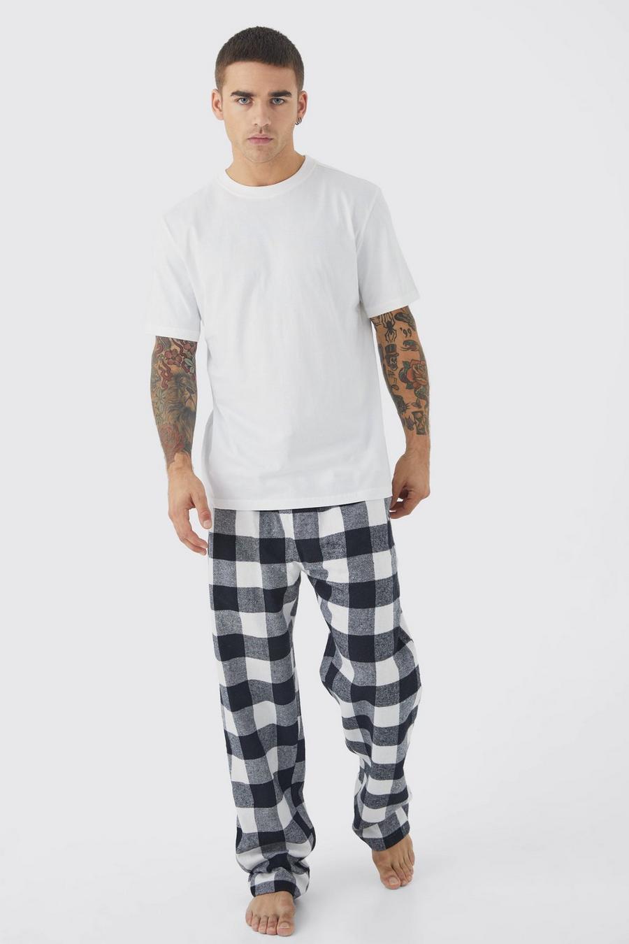 Black Woven Check Pyjama Bottoms And T-shirt Set