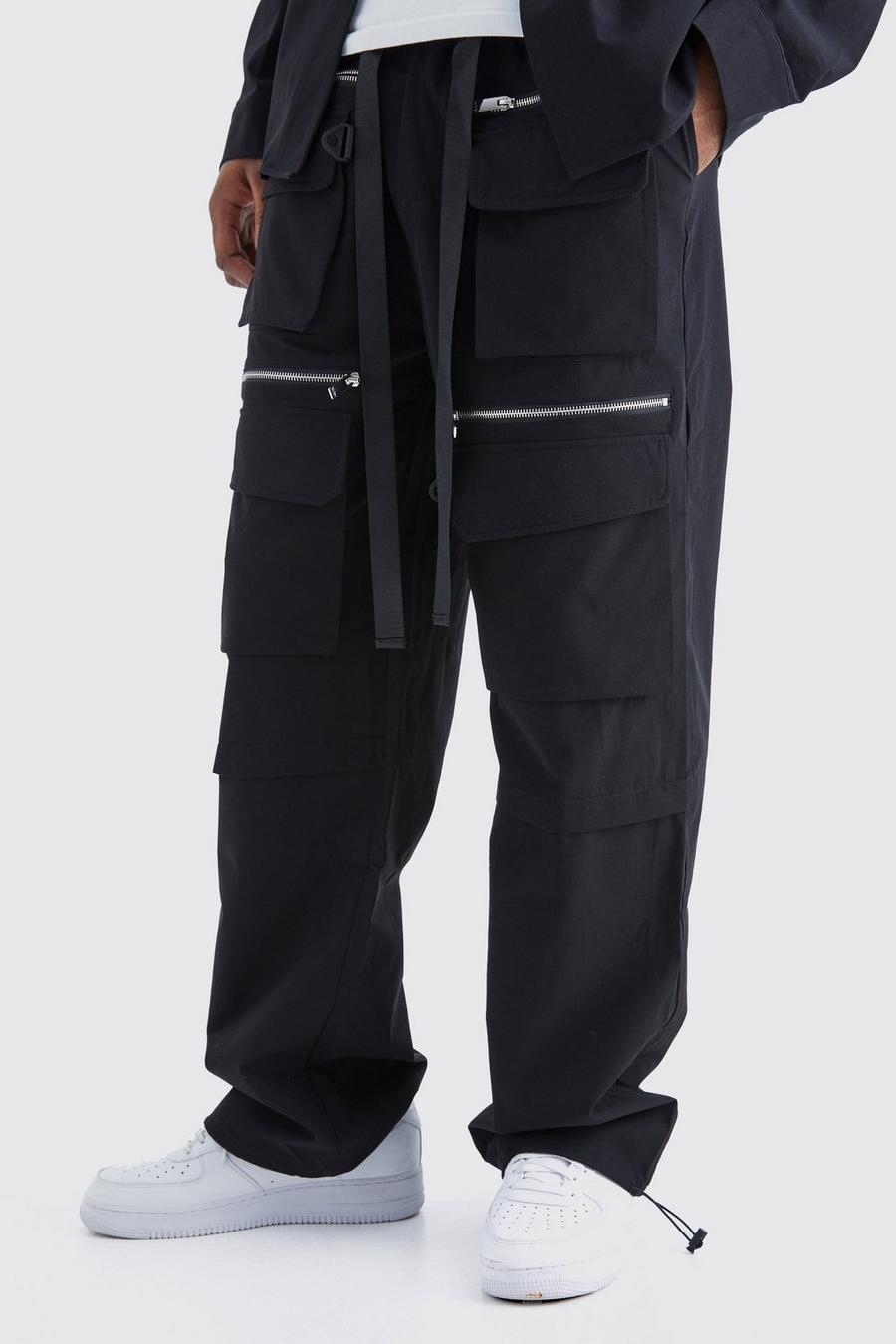 Black Tall Elasticated Waist Technical 3D Pocket Cargo Pants image number 1