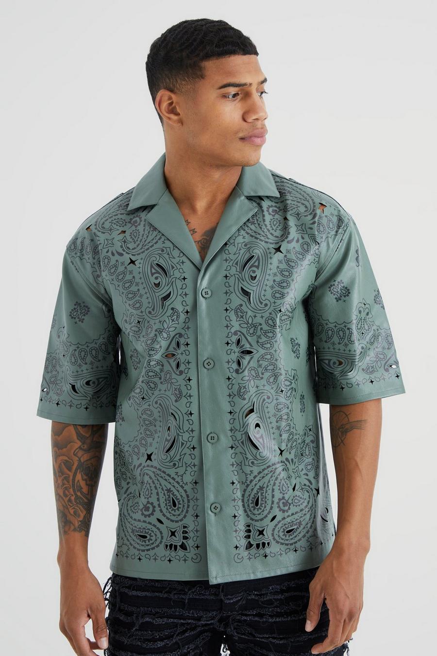 Khaki PU Bandana Print Drop Overhemd Met Revers Kraag