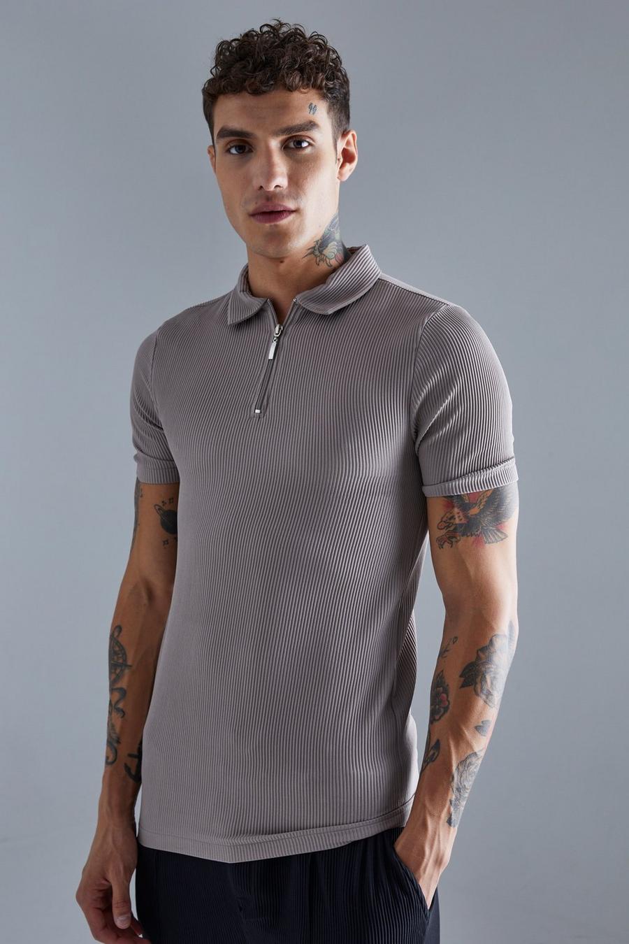 Taupe beige Pleated Muscle Short Sleeve Zip Polo Shirt