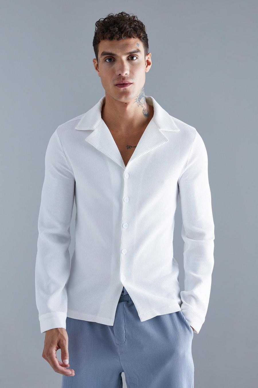 Camicia attillata a maniche lunghe con pieghe e rever, White bianco