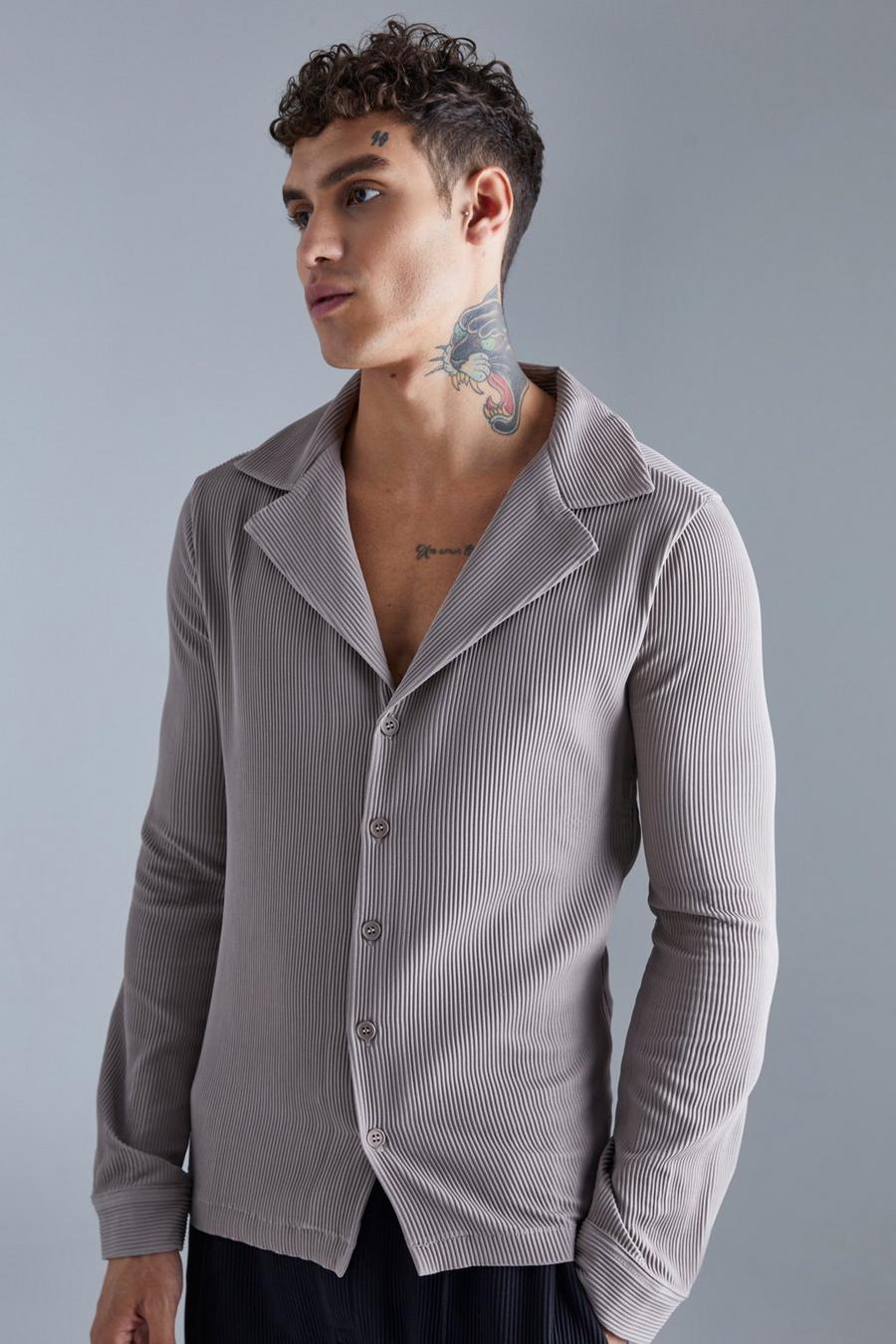 Taupe beige Pleated Muscle Longsleeve Revere Shirt
