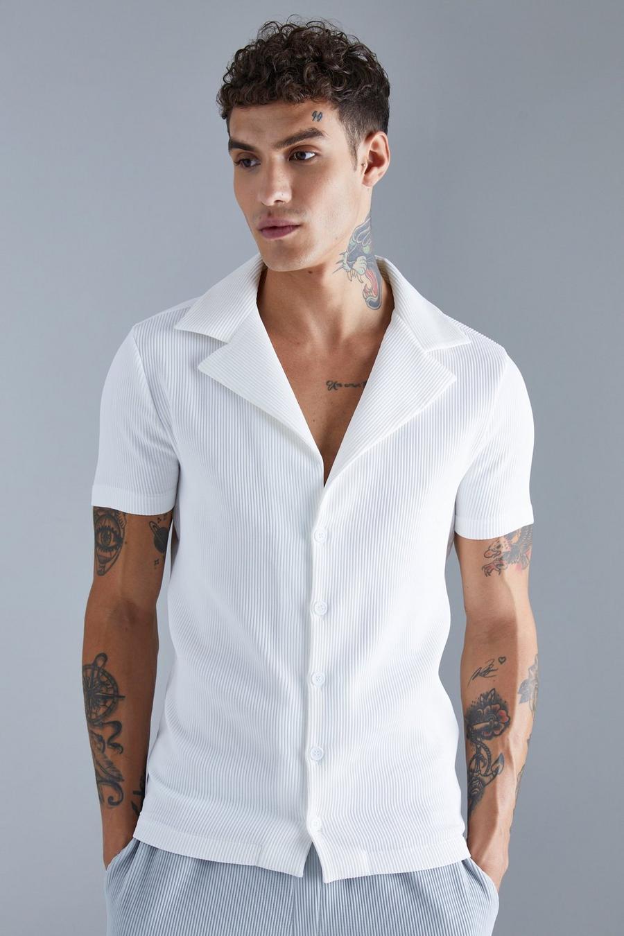 White Geplooid Muscle Fit Overhemd Met Korte Mouwen En Revers Kraag