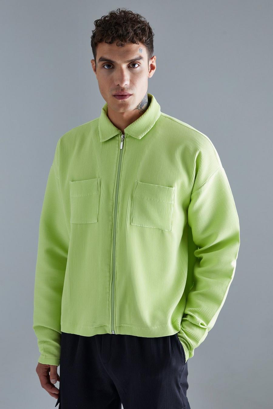 Green Pleated Longsleeve Zip Up Boxy Shirt image number 1