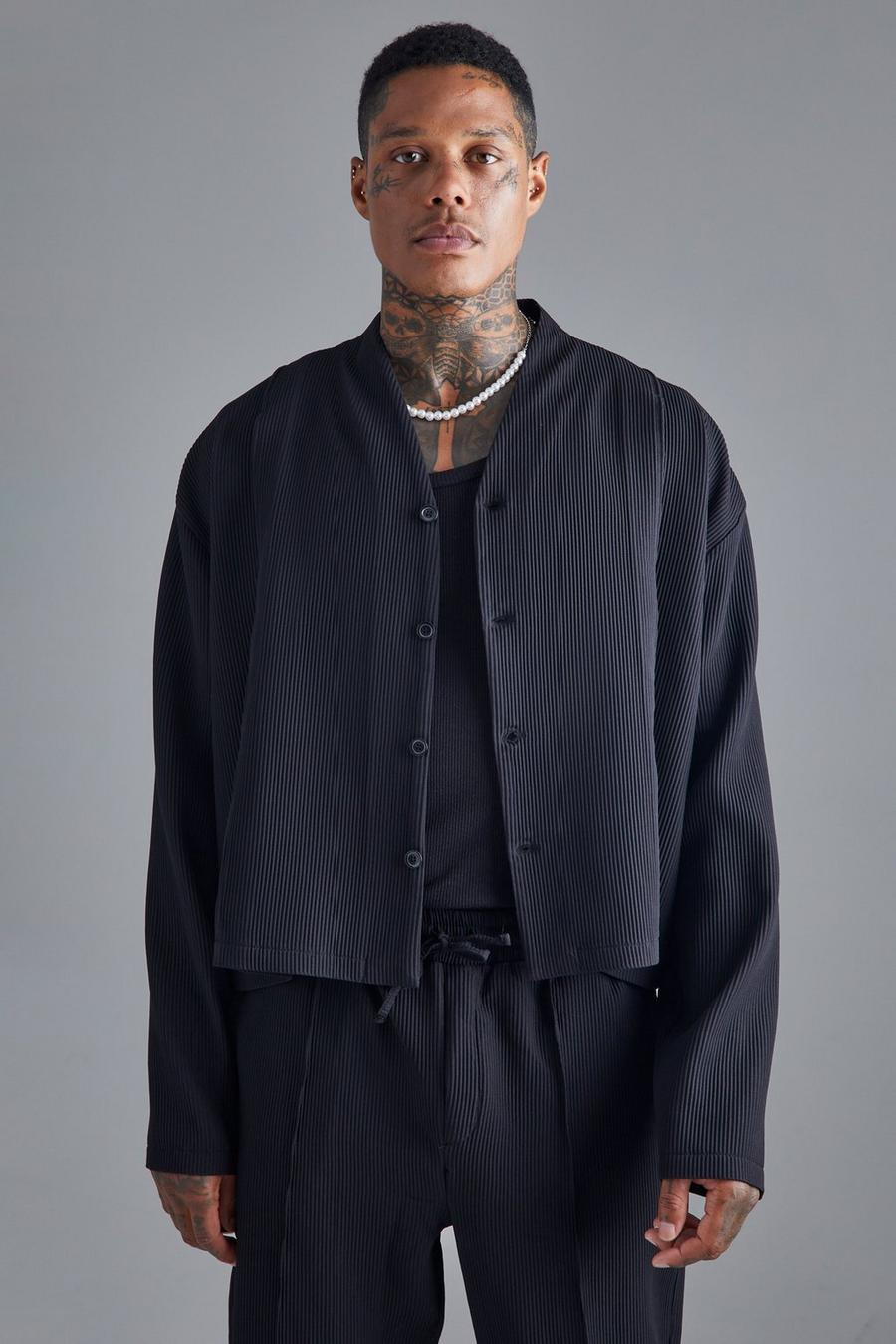 Camicia squadrata senza colletto a maniche lunghe con pieghe, Black image number 1