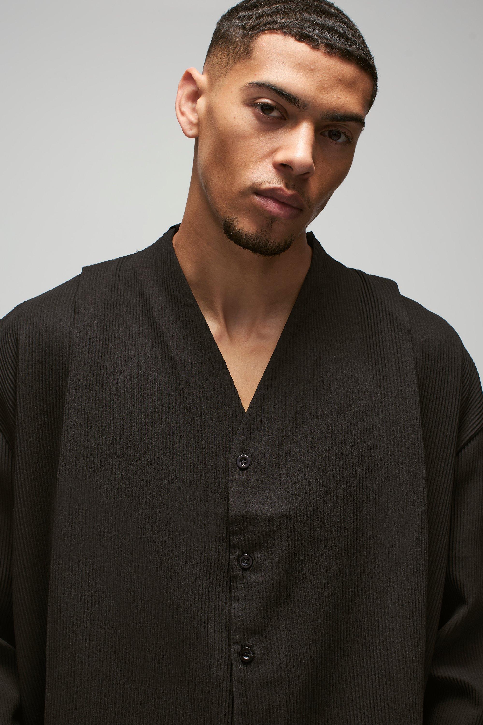 Pleated Longsleeve Collarless Boxy Shirt