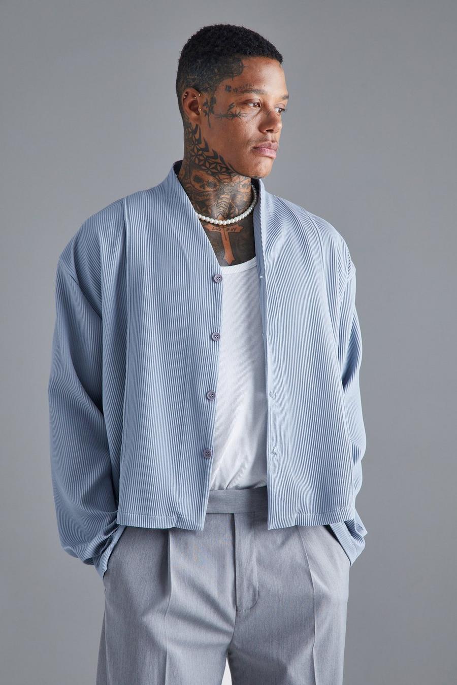 Camicia squadrata senza colletto a maniche lunghe con pieghe, Grey image number 1