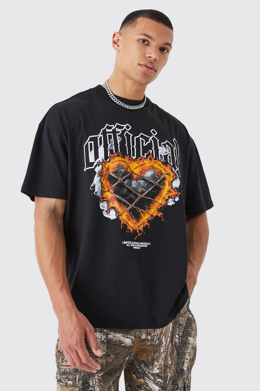 Camiseta Tall oversize Official con estampado de corazones y llamas, Black negro