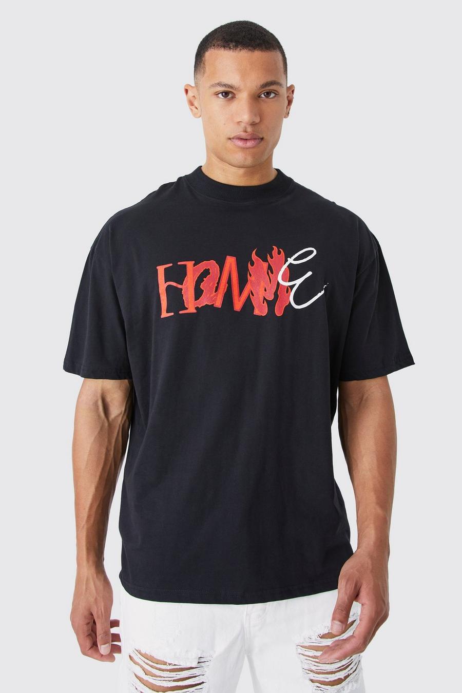 Black Tall Oversized Homme T-Shirt Met Print En Brede Nek image number 1
