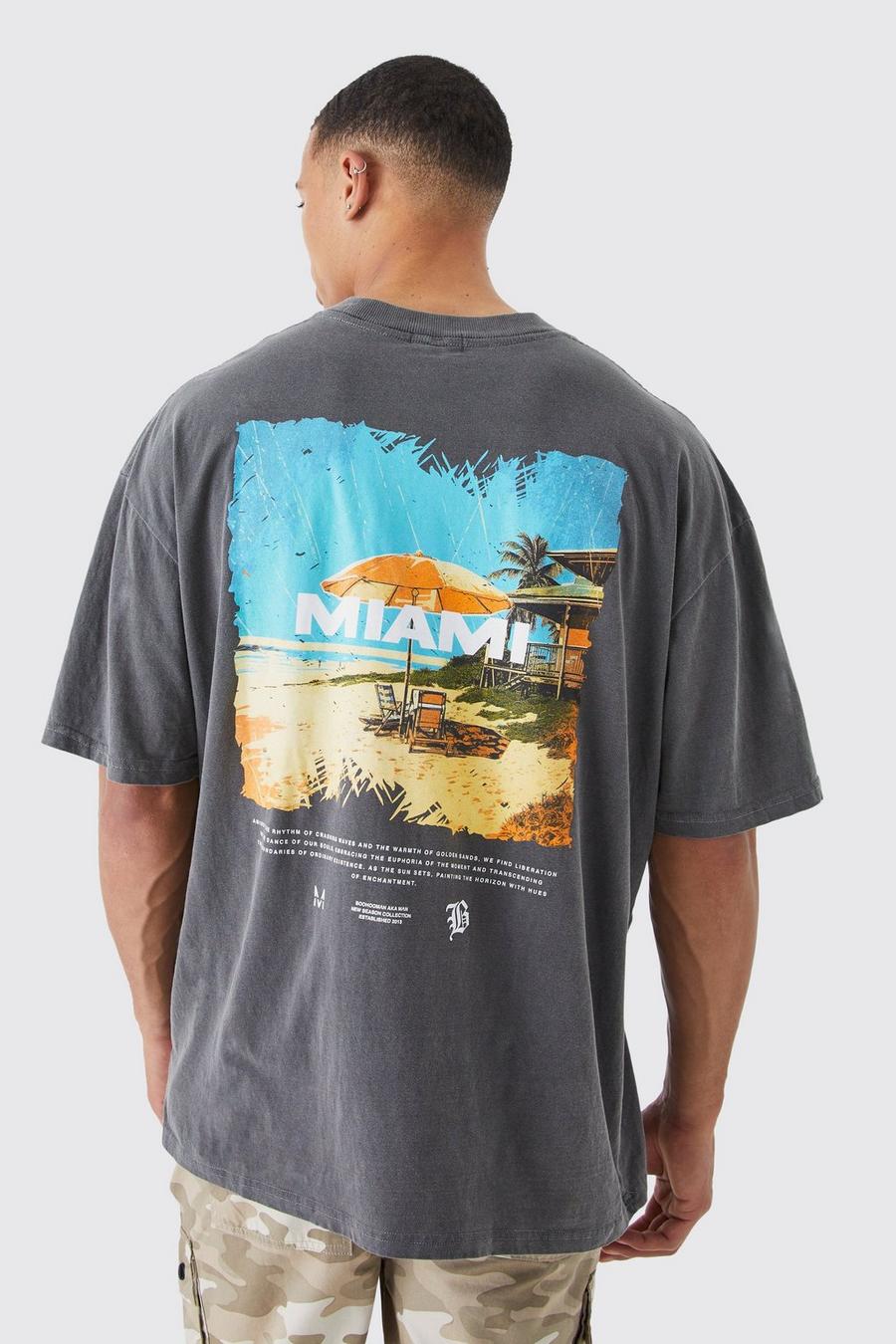 Tall Oversize T-Shirt mit Miami Beach Print, Charcoal grau
