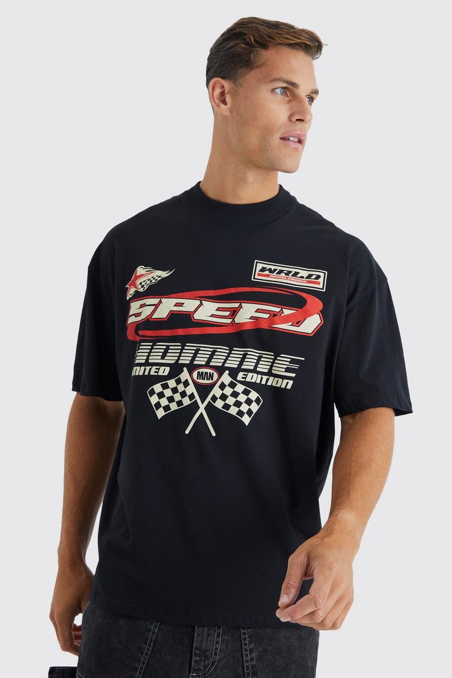 Black Tall Oversized Moto Racing T-Shirt Met Print image number 1