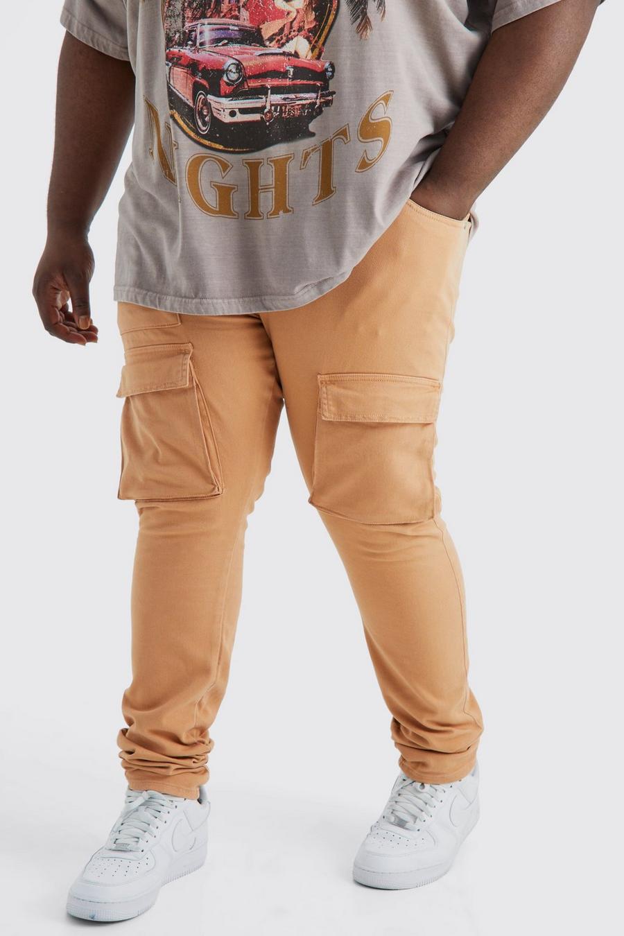 Pantaloni Cargo Plus Size Skinny Fit con vita fissa, pieghe sul fondo e zip, Orange image number 1