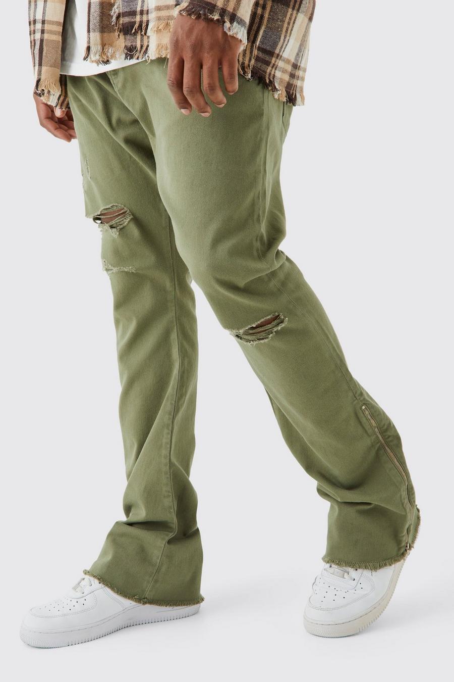 Olive Plus Fixed Waist Rip And Repair Zip Gusset Trouser image number 1