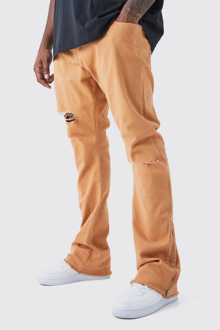 Pantaloni Plus Size con strappi & rattoppi in vita fissa, zip e inserti, Orange image number 1