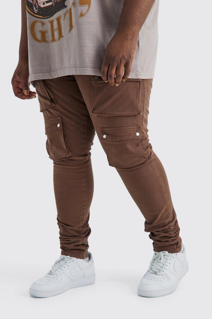 Pantaloni Plus Size Skinny Fit con tasche Cargo e vita fissa, Chocolate image number 1