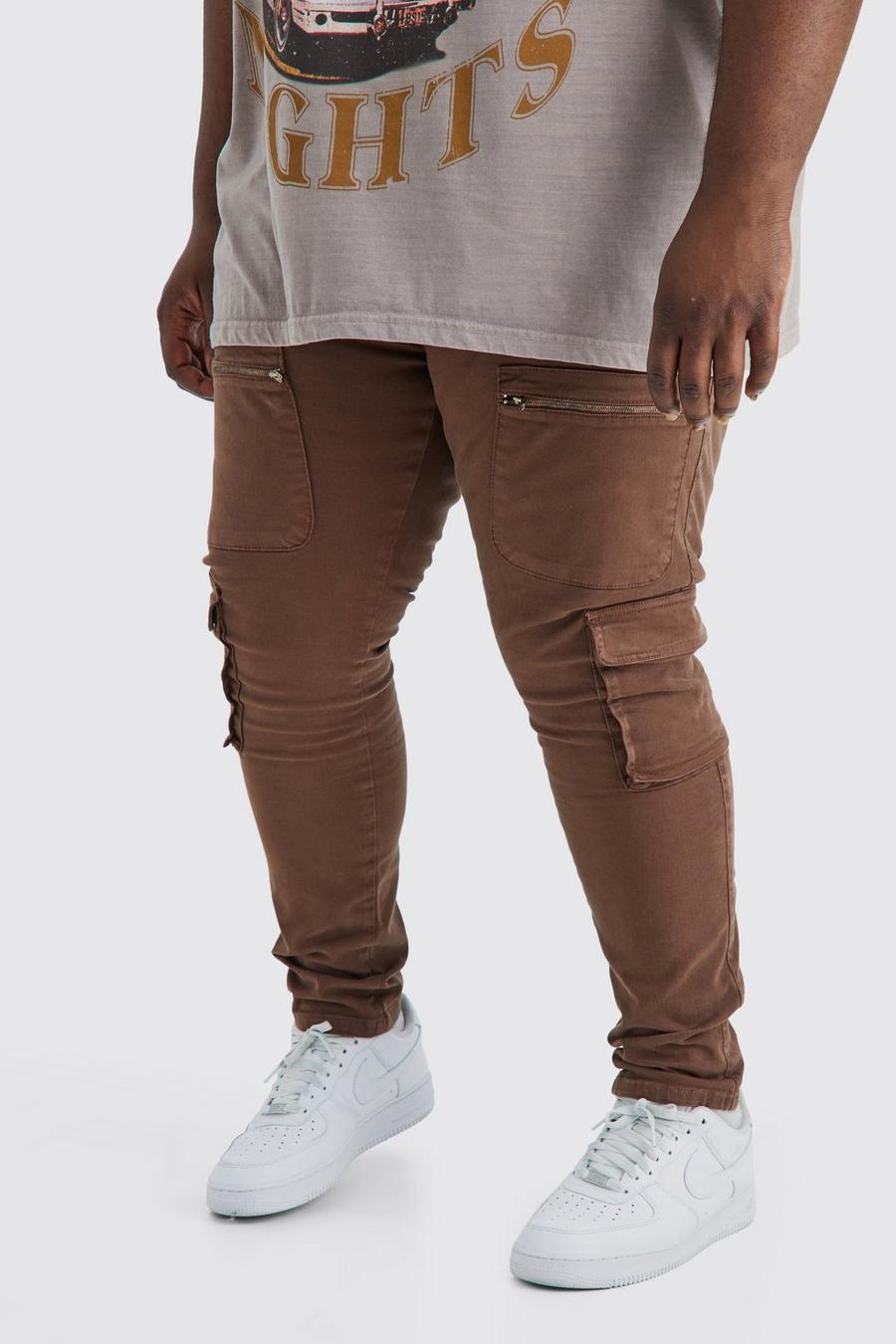 Pantaloni Cargo Plus Size Skinny Fit con zip e vita fissa, Chocolate