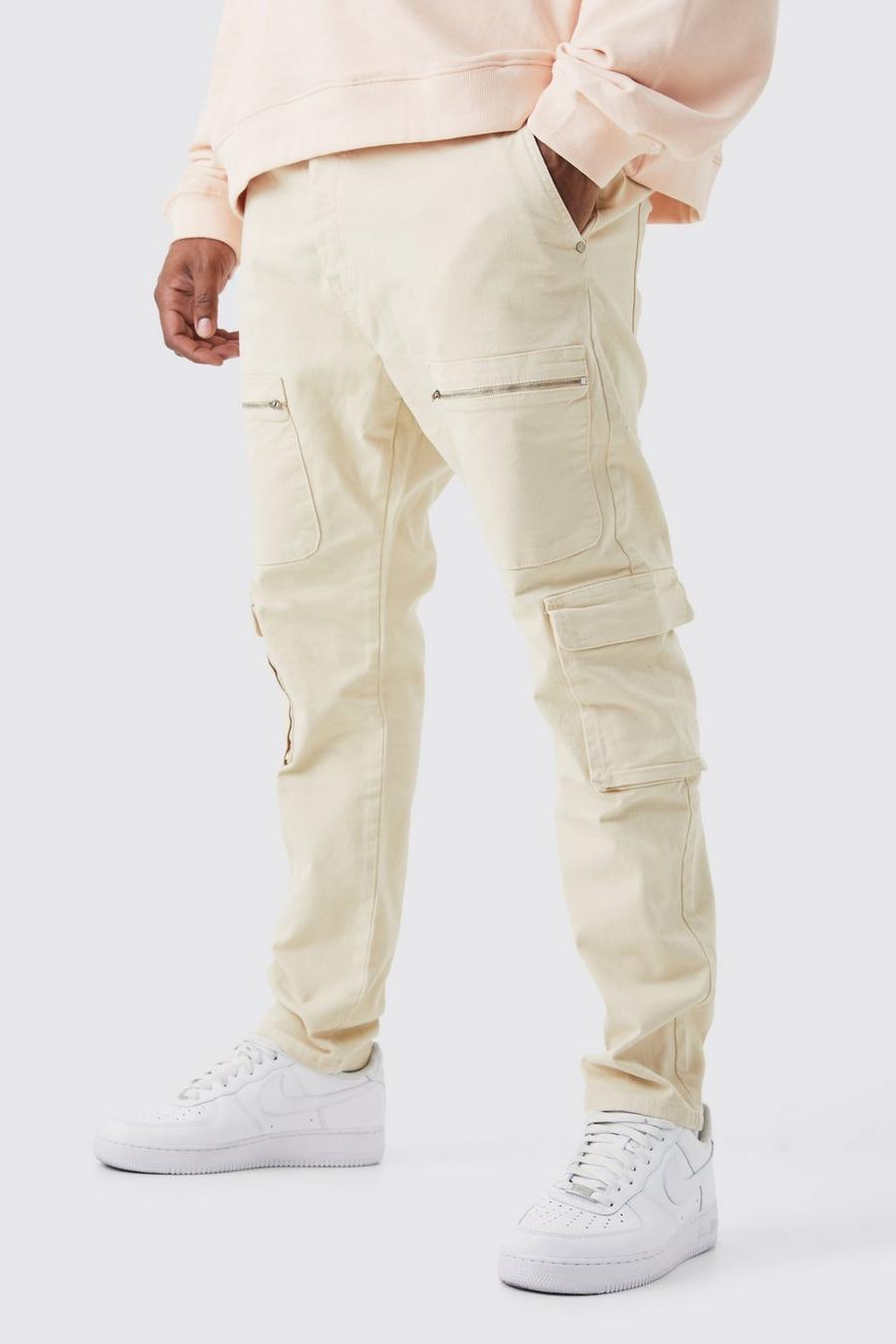 Stone beige Plus Fixed Waist Skinny Multi Zip Cargo Trouser
