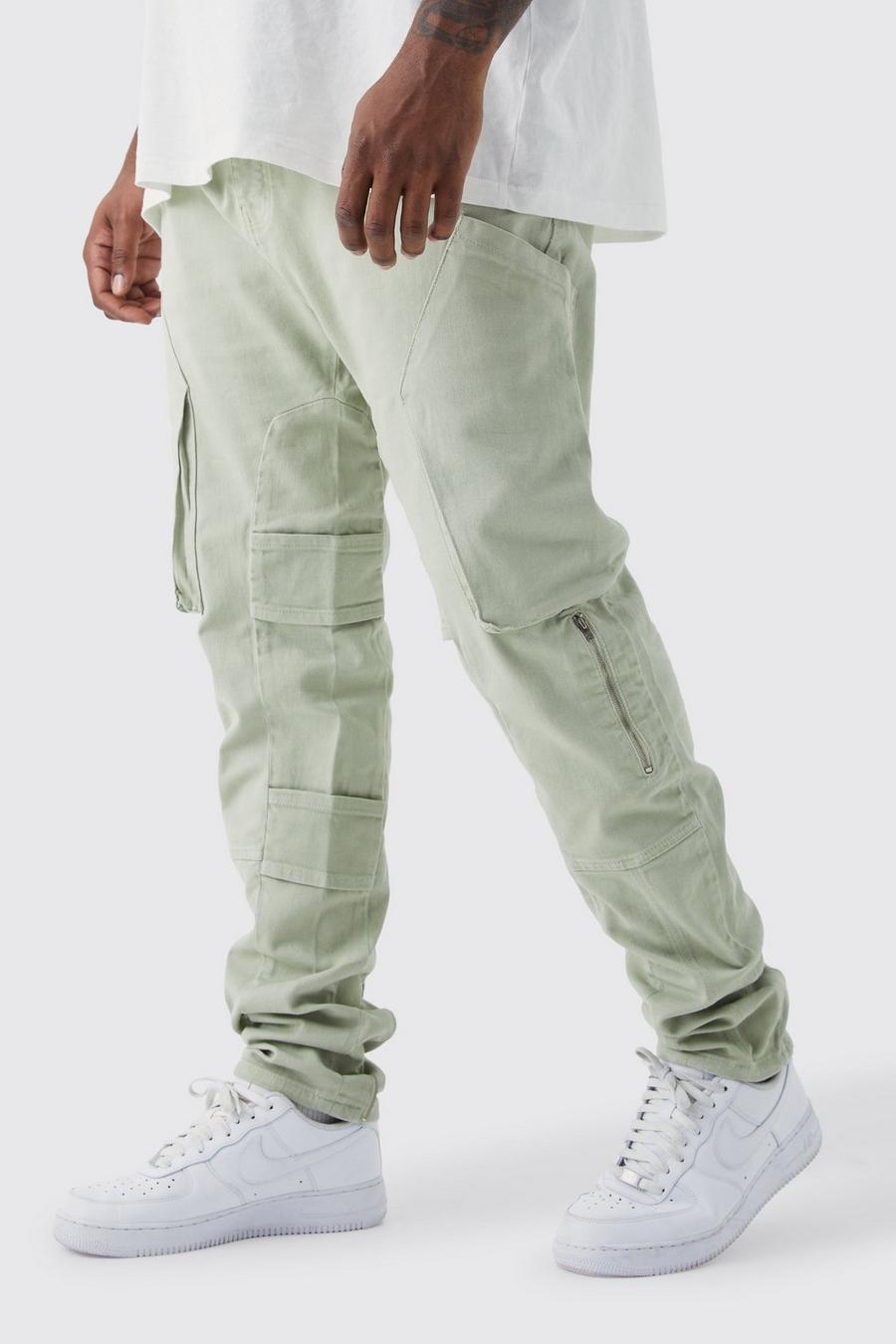 Sage green Plus Fixed Waist Skinny Stacked Gusset Strap Cargo Trouser