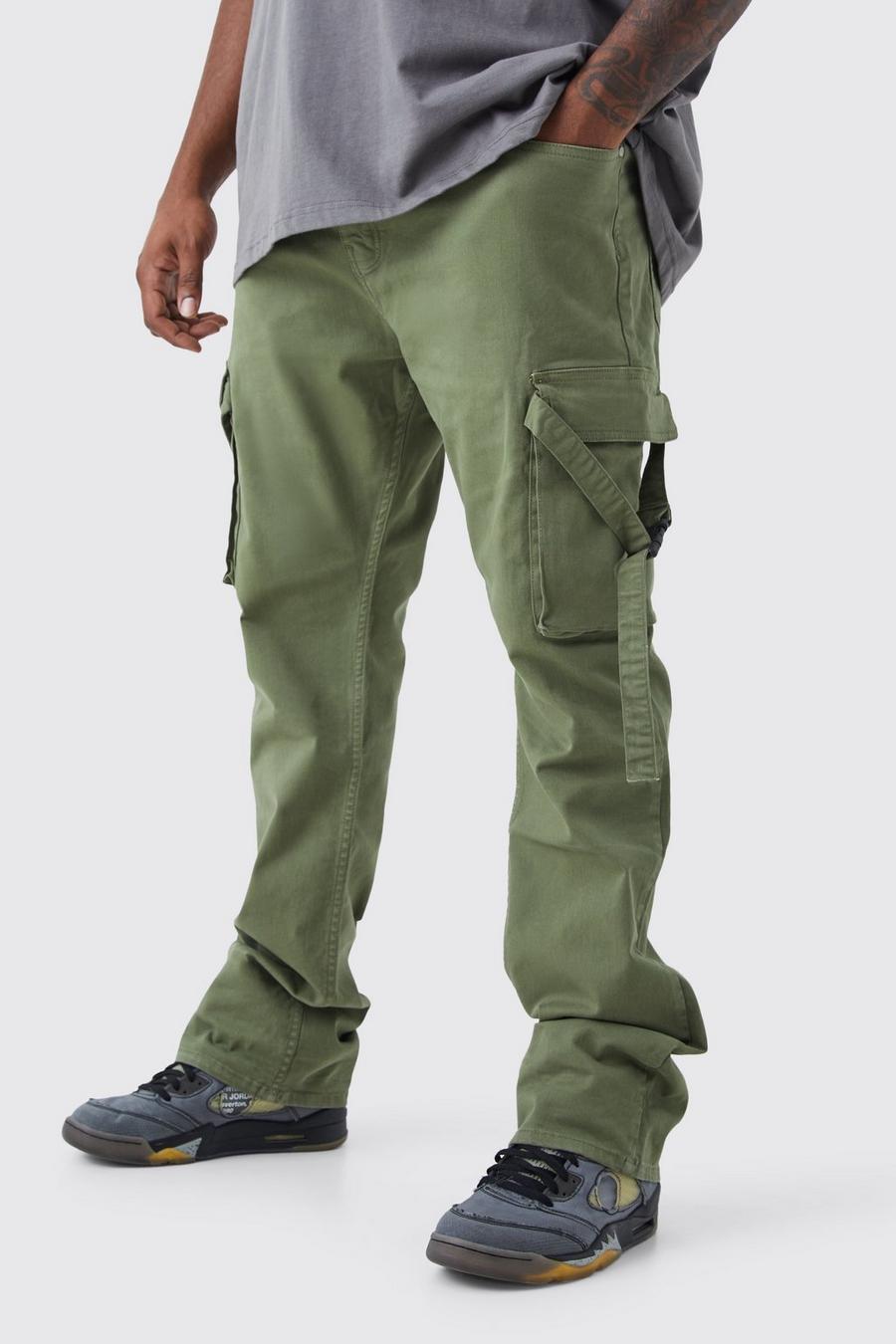 Olive grön Plus Fixed Waist Slim Stacked Flare Strap Cargo Trouser