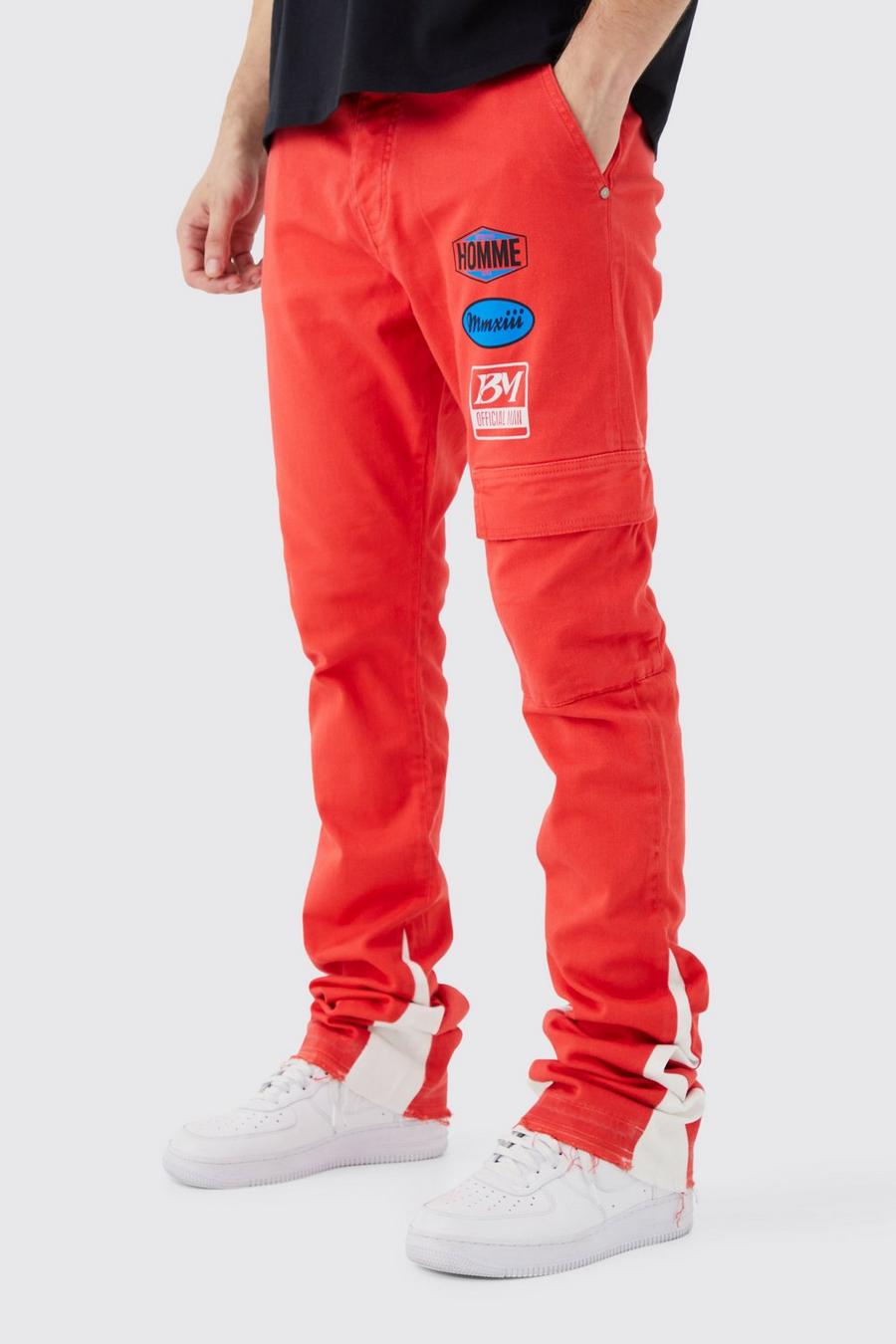 Pantaloni Cargo Tall Slim Fit a zampa con stemma e vita fissa, Red image number 1