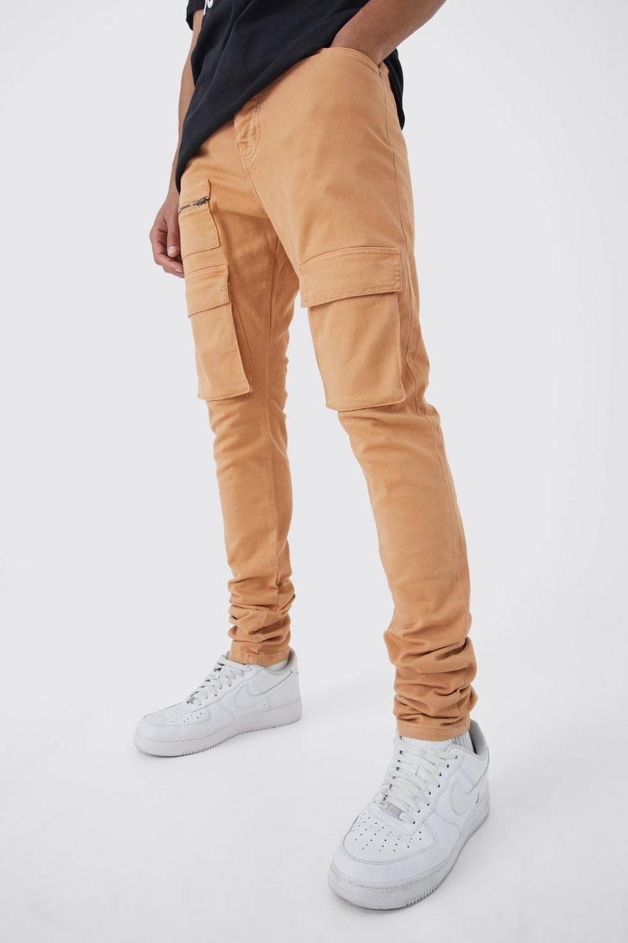 Pantaloni Cargo Tall Skinny Fit con vita fissa, pieghe sul fondo e zip, Orange image number 1