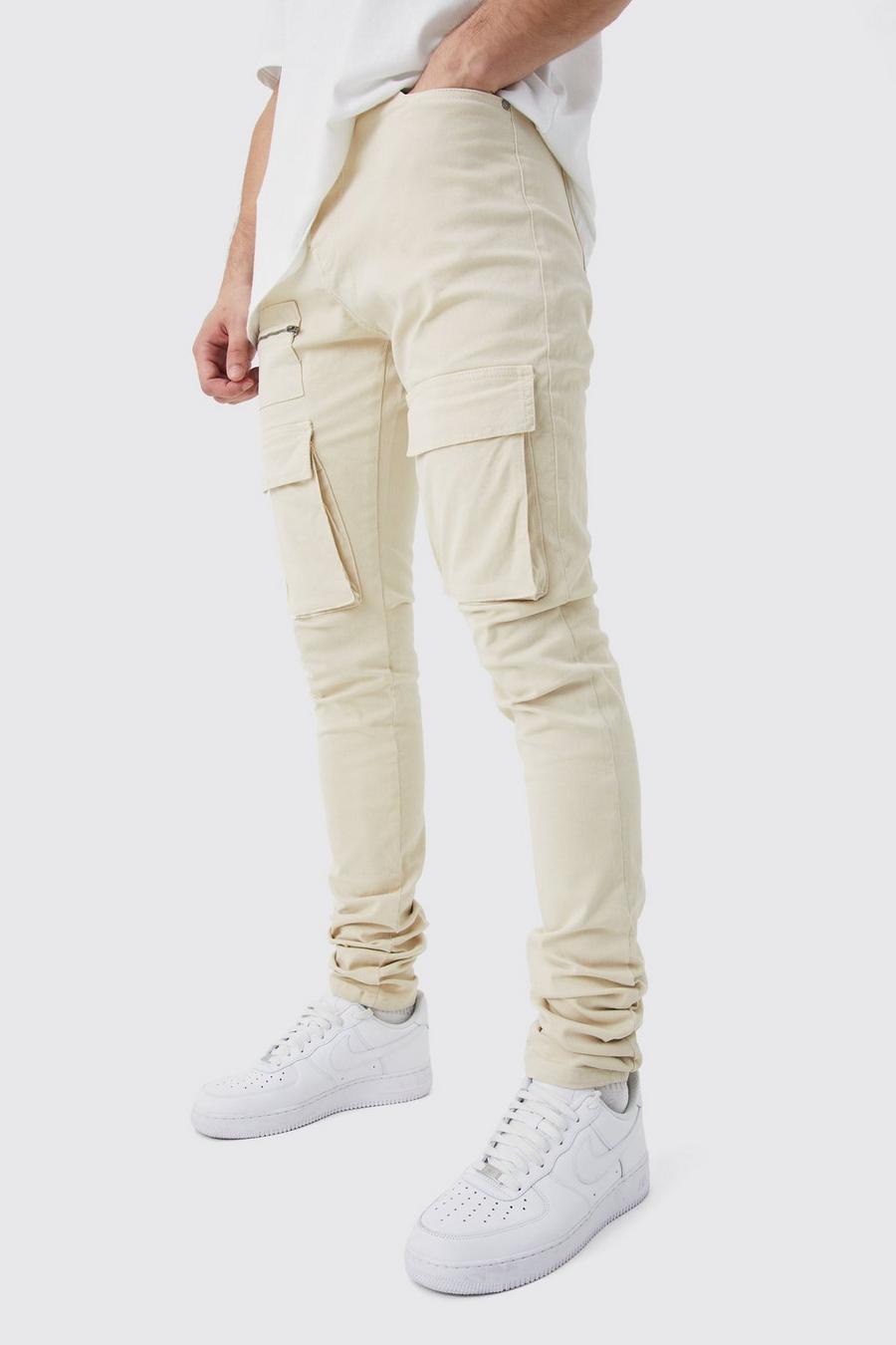 Pantaloni Cargo Tall Skinny Fit con vita fissa, pieghe sul fondo e zip, Stone image number 1