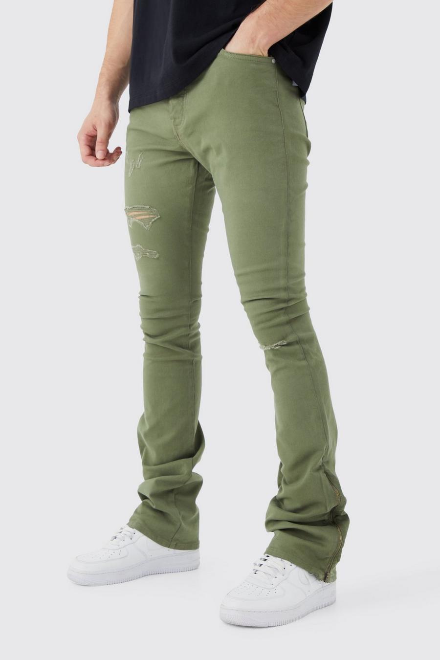 Pantaloni Tall con strappi & rattoppi in vita fissa, zip e inserti, Olive image number 1
