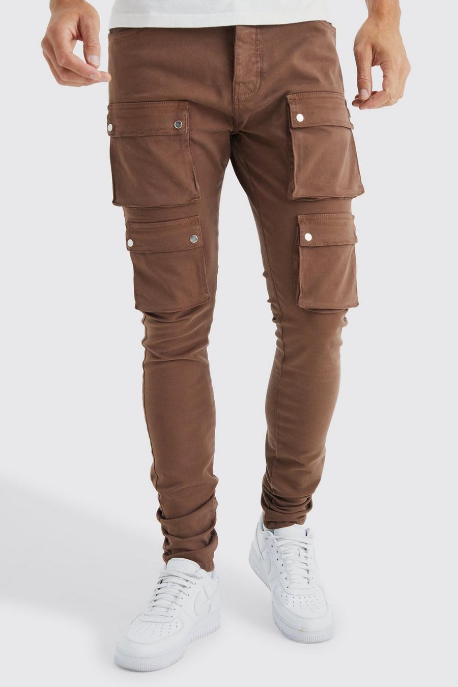 Chocolate brown Tall Fixed Waist Skinny Multi Cargo Pocket Trouser