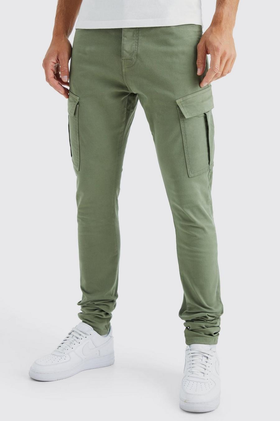 Olive Tall Stacked Skinny Fit Cargo Broek Met Tailleband image number 1