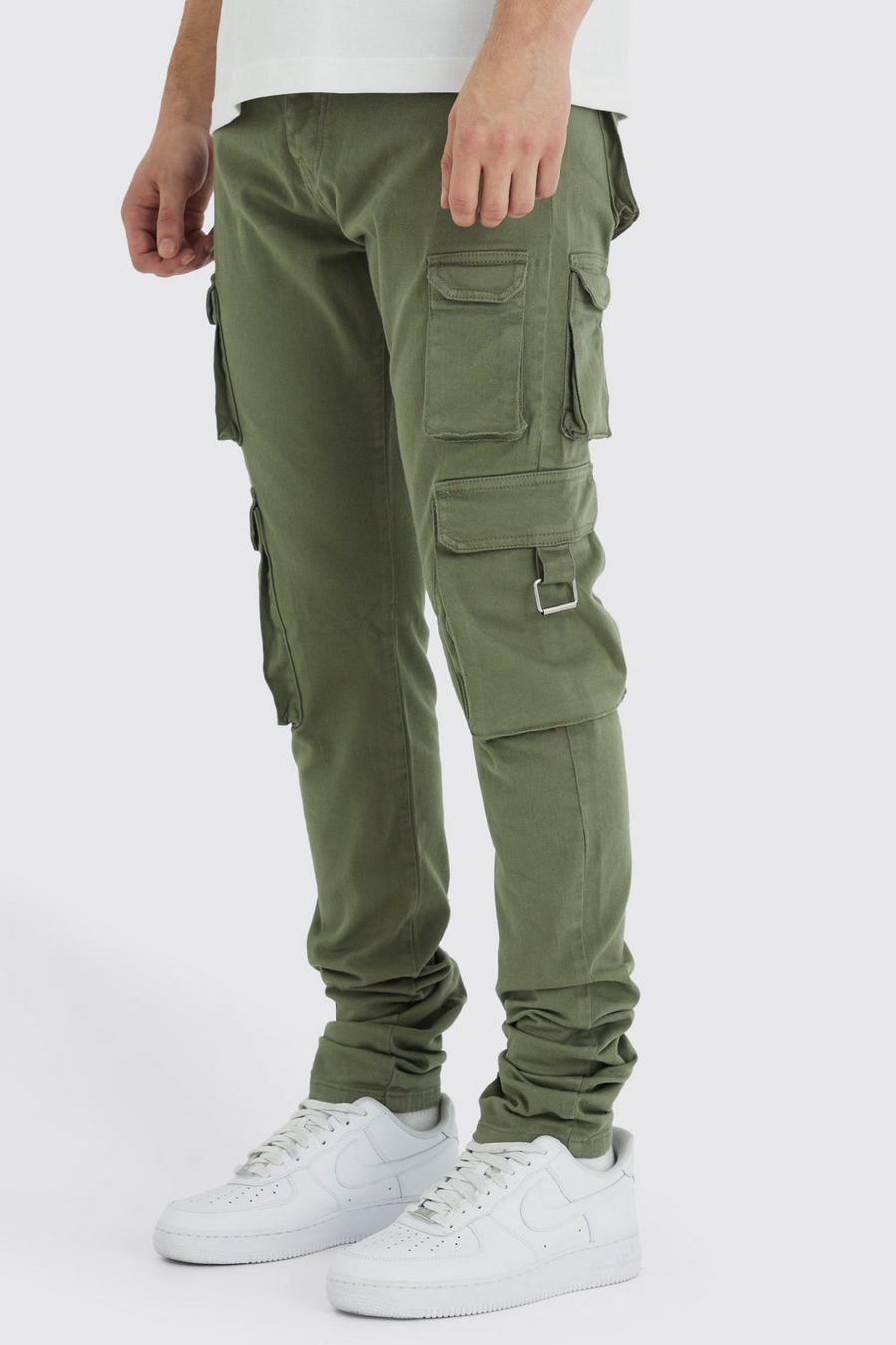 Olive Tall Fixed Waist Skinny Stacked Multi Cargo Trouser Satin image number 1