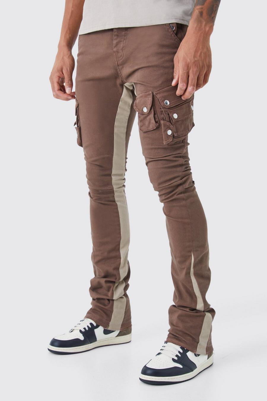 Chocolate Tall Fixed Waist Skinny Stacked Flare 3d Cargo Trouser