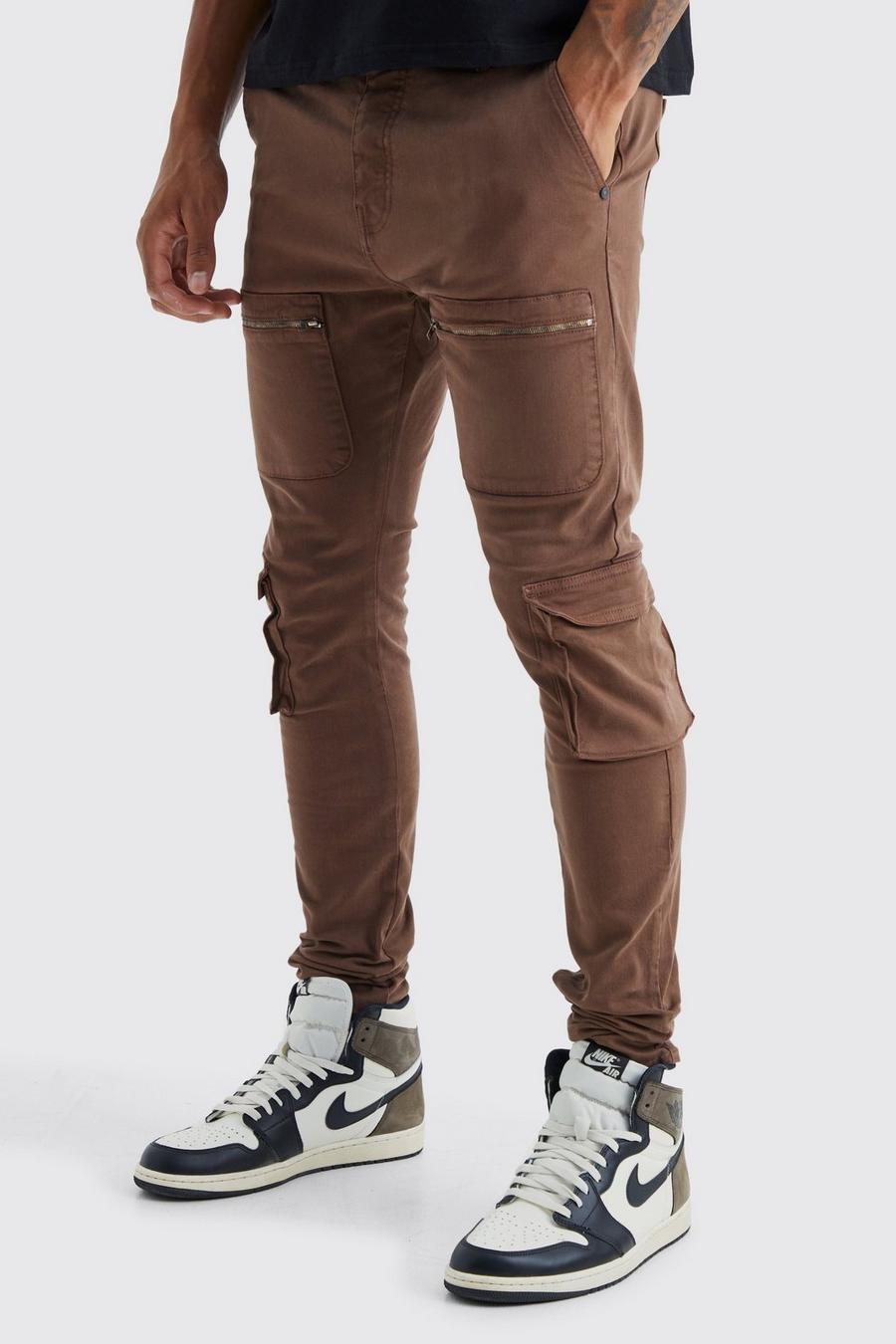 Chocolate Tall Fixed Waist Skinny Multi Zip Cargo Trouser image number 1