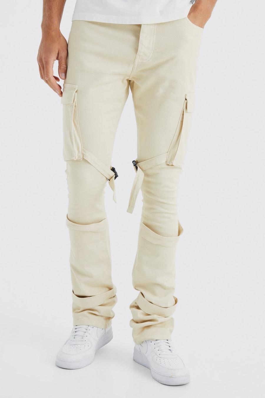 Stone Tall Fixed Waist Skinny Stacked Flare Strap Cargo Trouser