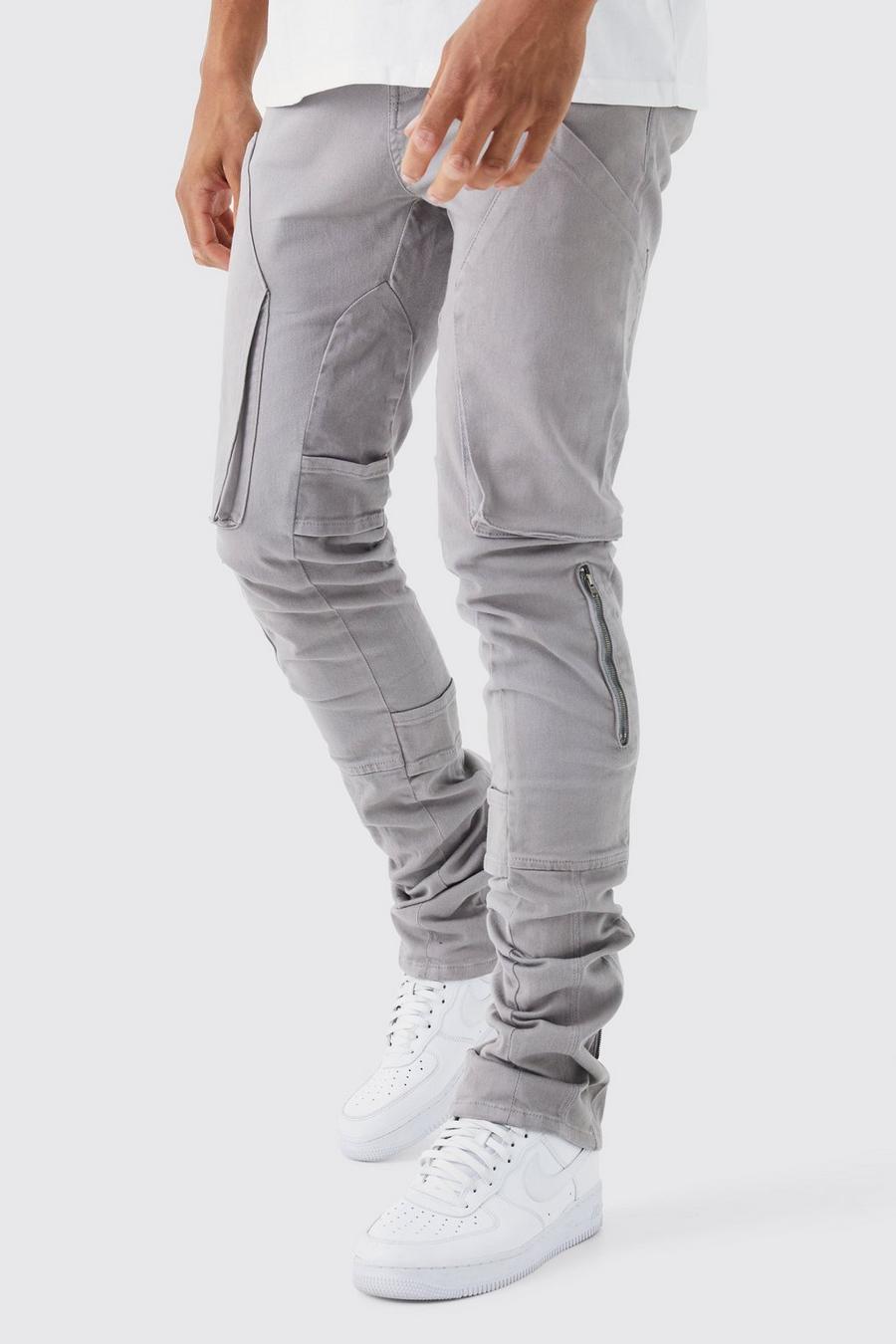 Dark grey grå Tall Fixed Waist Skinny Stacked Gusset Strap Cargo Trouser
