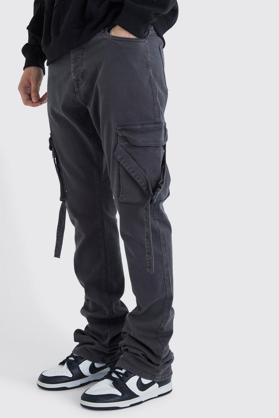 Charcoal Tall Fixed Waist Slim Stacked Flare Strap Cargo Trouser image number 1