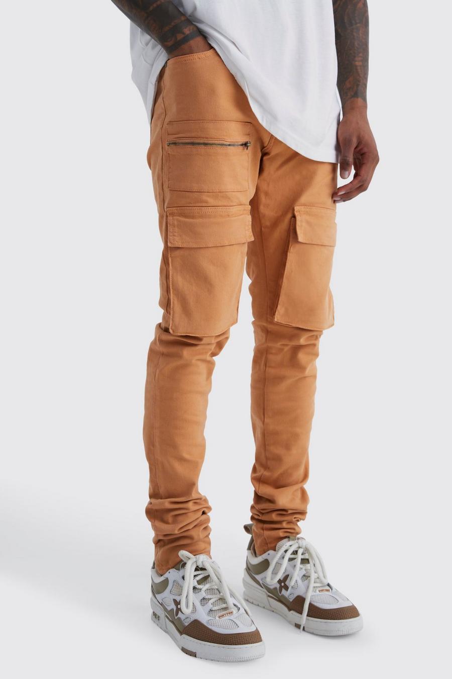 Pantaloni Cargo Skinny Fit con vita fissa, pieghe sul fondo e zip, Orange
